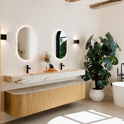 THOR-DLUX 200cm meubles de salle de bains courbe gauche + droite couleur Oak avec 2 tiroirs et 2 portes. Lavabo suspendu CLOUD Double 2 trous robinetterie couleur Nata.