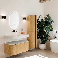 THOR-DLUX 100cm badmöbel kurve links + rechts farbe Oak mit 1 schublade und 2 türen. Frei hängende waschtisch CLOUD Mittig kein hahnloch farbe Opalo.
