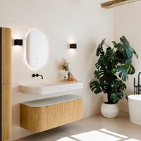 THOR-DLUX 120cm badmöbel kurve links + rechts farbe Oak mit 1 schublade und 2 türen. Frei hängende waschtisch CLOUD Links kein hahnloch farbe Opalo.