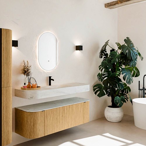 THOR-DLUX 140cm meubles de salle de bains courbe gauche + droite couleur Oak avec 1 tiroir et 2 portes. Lavabo suspendu CLOUD Centrée 1 trou pour robinetter couleur Opalo.