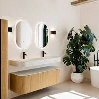 THOR-DLUX 140cm badmeubel ronding links + rechts kleur Oak met 1 lade en 2 deuren. Vrijhangende wastafel CLOUD Dubbel 2 kraangaten kleur Opalo.