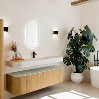 THOR-DLUX 160cm bathroom vanity set curve left + right color Oak with 1 drawer and 2 doors. Floating sink CLOUD Center 1 tab hole color Opalo.