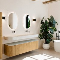 THOR-DLUX 170cm mueble de baño curva izquierda + derecha color Oak con 1 cajón y 2 puertas. Lavabo suspendido CLOUD Doble sin orificio color Opalo.