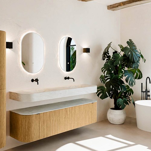 THOR-DLUX 170cm mueble de baño curva izquierda + derecha color Oak con 1 cajón y 2 puertas. Lavabo suspendido CLOUD Doble sin orificio color Opalo.
