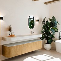THOR-DLUX 200cm mueble de baño curva izquierda + derecha color Oak con 2 cajones y 2 puertas. Lavabo suspendido CLOUD Derecho 1 orificio color Opalo.