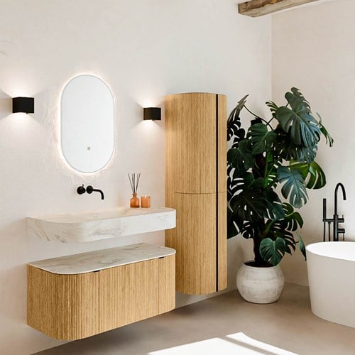 THOR-DLUX 100cm badmeubel ronding links + rechts kleur Oak met 1 lade en 2 deuren. Vrijhangende wastafel CLOUD Midden zonder kraangat kleur Ostra.