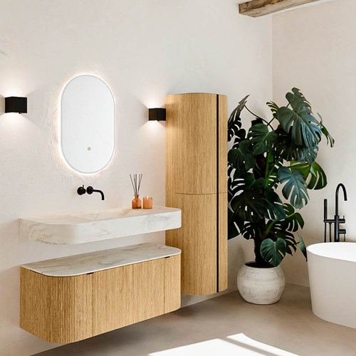 THOR-DLUX 110cm badmeubel ronding links + rechts kleur Oak met 1 lade en 2 deuren. Vrijhangende wastafel CLOUD Midden zonder kraangat kleur Ostra.