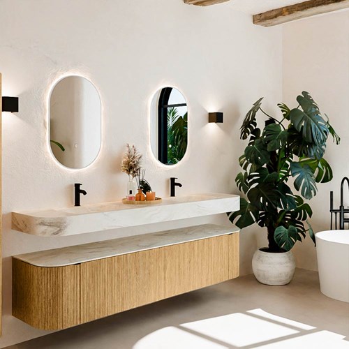 THOR-DLUX 200cm meubles de salle de bains courbe gauche + droite couleur Oak avec 2 tiroirs et 2 portes. Lavabo suspendu CLOUD Double 2 trous robinetterie couleur Ostra.