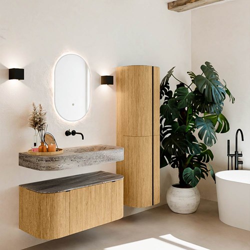 THOR-DLUX 100cm meubles de salle de bains courbe gauche + droite couleur Oak avec 1 tiroir et 2 portes. Lavabo suspendu CLOUD Droite sans trou pour robinet couleur Oza.