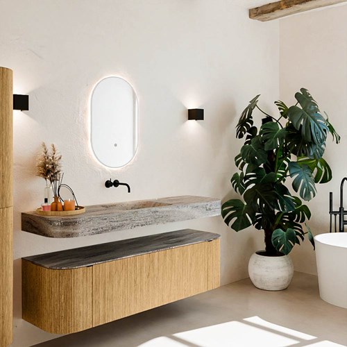 THOR-DLUX 160cm mueble de baño curva izquierda + derecha color Oak con 1 cajón y 2 puertas. Lavabo suspendido CLOUD Centro sin orificio color Oza.