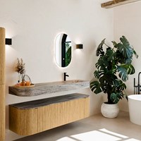 THOR-DLUX 160cm meubles de salle de bains courbe gauche + droite couleur Oak avec 1 tiroir et 2 portes. Lavabo suspendu CLOUD Droite 1 trou pour robinetter couleur Oza.