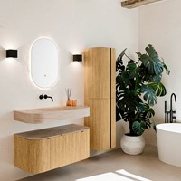 THOR-DLUX 100cm badmeubel ronding links + rechts kleur Oak met 1 lade en 2 deuren. Vrijhangende wastafel CLOUD Midden zonder kraangat kleur Saba.