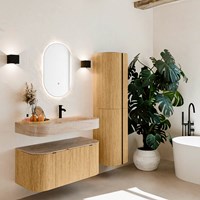 THOR-DLUX 100cm badmeubel ronding links + rechts kleur Oak met 1 lade en 2 deuren. Vrijhangende wastafel CLOUD Rechts 1 kraangat kleur Saba.