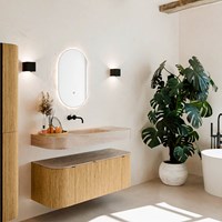 THOR-DLUX 120cm bathroom vanity set curve left + right color Oak with 1 drawer and 2 doors. Wall mounted sink CLOUD Center without tab hole color Saba.