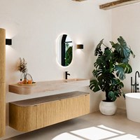 THOR-DLUX 170cm meubles de salle de bains courbe gauche + droite couleur Oak avec 1 tiroir et 2 portes. Lavabo suspendu CLOUD Droite 1 trou pour robinetter couleur Saba.