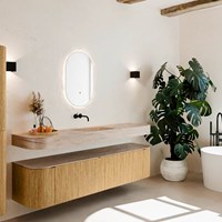 THOR-DLUX 190cm badmeubel ronding links + rechts kleur Oak met 2 lades en 2 deuren. Vrijhangende wastafel CLOUD Midden zonder kraangat kleur Saba.