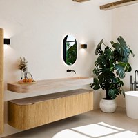 THOR-DLUX 190cm bathroom vanity set curve left + right color Oak with 2 drawers and 2 doors. Wall mounted sink CLOUD Right without tab hole color Saba.