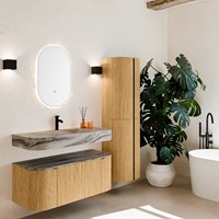 THOR-DLUX 110cm badmöbel kurve links + rechts farbe Oak mit 1 schublade und 2 türen. Frei hängende waschtisch CLOUD Mittig 1 hahnloch farbe Sombra.