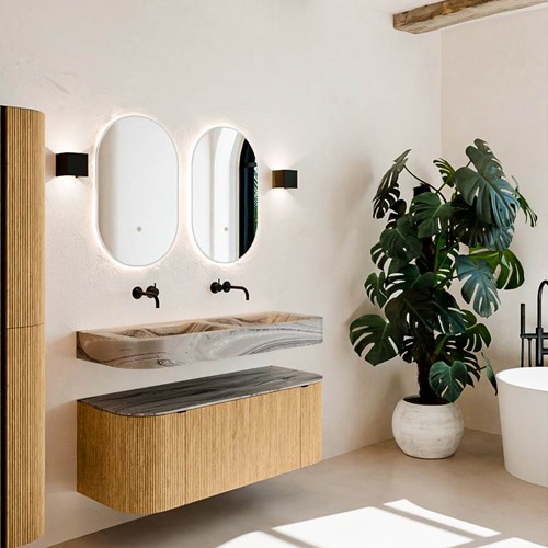 THOR-DLUX 120cm mueble de baño curva izquierda + derecha color Oak con 1 cajón y 2 puertas. Lavabo suspendido CLOUD Doble sin orificio color Sombra.
