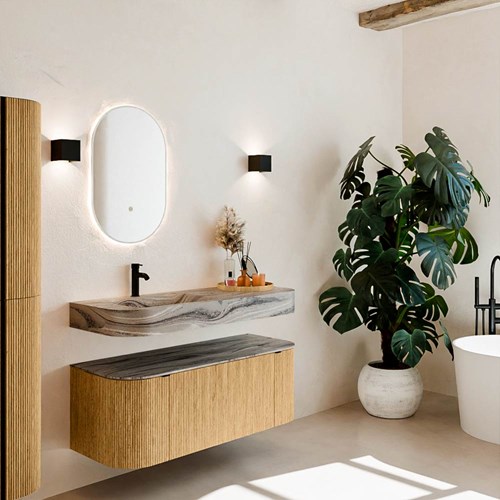 THOR-DLUX 120cm badmeubel ronding links + rechts kleur Oak met 1 lade en 2 deuren. Vrijhangende wastafel CLOUD Links 1 kraangat kleur Sombra.