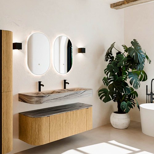 THOR-DLUX 130cm meubles de salle de bains courbe gauche + droite couleur Oak avec 1 tiroir et 2 portes. Lavabo suspendu CLOUD Double 2 trous robinetterie couleur Sombra.