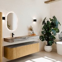 THOR-DLUX 160cm meubles de salle de bains courbe gauche + droite couleur Oak avec 1 tiroir et 2 portes. Lavabo suspendu CLOUD Gauche 1 trou pour robinetter couleur Sombra.
