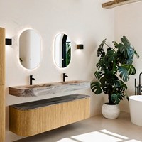THOR-DLUX 160cm mueble de baño curva izquierda + derecha color Oak con 1 cajón y 2 puertas. Lavabo suspendido CLOUD Doble 2 orificios color Sombra.