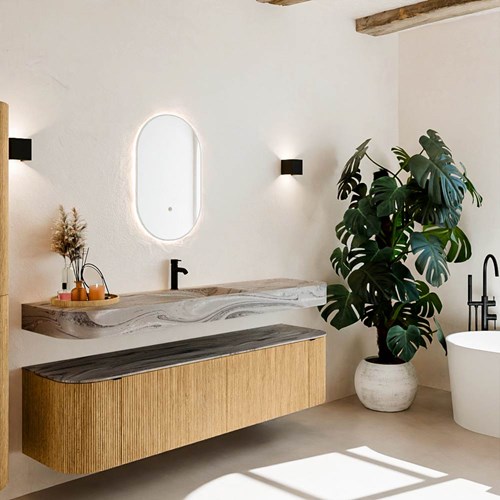 THOR-DLUX 180cm meubles de salle de bains courbe gauche + droite couleur Oak avec 2 tiroirs et 2 portes. Lavabo suspendu CLOUD Centrée 1 trou pour robinetter couleur Sombra.