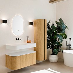 THOR 100cm meubles de salle de bains courbe gauche + droite couleur Oak avec 1 tiroir et 2 portes. Lavabo suspendu CLOUD Centrée sans trou pour robinet couleur Talc.
