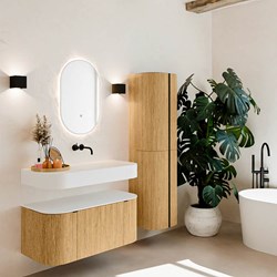 THOR 100cm meubles de salle de bains courbe gauche + droite couleur Oak avec 1 tiroir et 2 portes. Lavabo suspendu CLOUD Droite sans trou pour robinet couleur Talc.