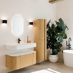 THOR 100cm meubles de salle de bains courbe gauche + droite couleur Oak avec 1 tiroir et 2 portes. Lavabo suspendu CLOUD Centrée 1 trou pour robinetter couleur Talc.