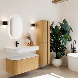 THOR 100cm meubles de salle de bains courbe gauche + droite couleur Oak avec 1 tiroir et 2 portes. Lavabo suspendu CLOUD Gauche 1 trou pour robinetter couleur Talc.