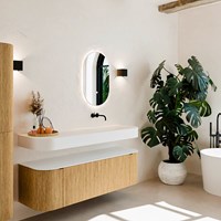 THOR 150cm meubles de salle de bains courbe gauche + droite couleur Oak avec 1 tiroir et 2 portes. Lavabo suspendu CLOUD Droite sans trou pour robinet couleur Talc.