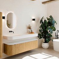 THOR 170cm bathroom vanity set curve left + right color Oak with 1 drawer and 2 doors. Floating sink CLOUD Left without tab hole color Talc.