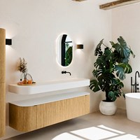 THOR 170cm mueble de baño curva izquierda + derecha color Oak con 1 cajón y 2 puertas. Lavabo suspendido CLOUD Derecho sin orificio color Talc.