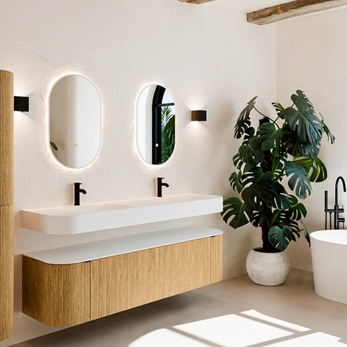 THOR 170cm bathroom vanity set curve left + right color Oak with 1 drawer and 2 doors. Floating sink CLOUD Double 2 tab holes color Talc.