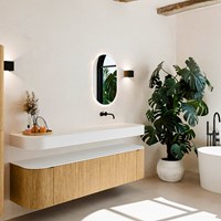 THOR 180cm mueble de baño curva izquierda + derecha color Oak con 2 cajones y 2 puertas. Lavabo suspendido CLOUD Derecho sin orificio color Talc.