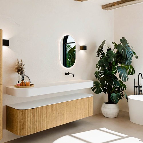 THOR 180cm mueble de baño curva izquierda + derecha color Oak con 2 cajones y 2 puertas. Lavabo suspendido CLOUD Derecho sin orificio color Talc.