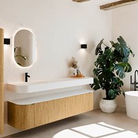 THOR 190cm meubles de salle de bains courbe gauche + droite couleur Oak avec 2 tiroirs et 2 portes. Lavabo suspendu CLOUD Gauche 1 trou pour robinetter couleur Talc.
