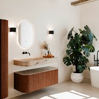THOR-DLUX 120cm bathroom vanity set curve left + right color Ruby with 1 drawer and 2 doors. Wall mounted sink CLOUD Left without tab hole color Arena.