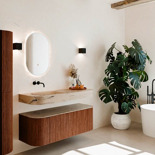 THOR-DLUX 130cm mueble de baño curva izquierda + derecha color Ruby con 1 cajón y 2 puertas. Lavabo suspendido CLOUD Izquierda sin orificio color Arena.