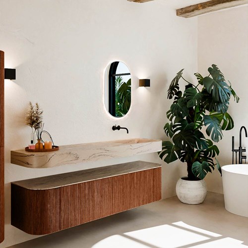 THOR-DLUX 180cm bathroom vanity set curve left + right color Ruby with 2 drawers and 2 doors. Wall mounted sink CLOUD Right without tab hole color Arena.