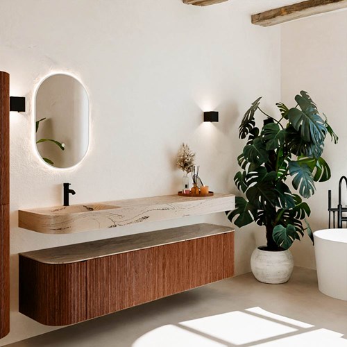 THOR-DLUX 190cm mueble de baño curva izquierda + derecha color Ruby con 2 cajones y 2 puertas. Lavabo suspendido CLOUD Izquierda 1 orificio color Arena.