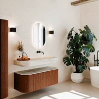 THOR-DLUX 120cm mueble de baño curva izquierda + derecha color Ruby con 1 cajón y 2 puertas. Lavabo suspendido CLOUD Derecho sin orificio color Frappe.
