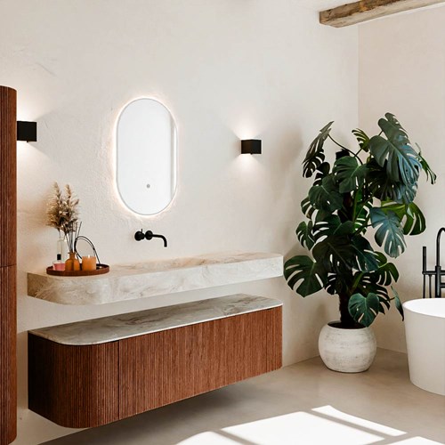 THOR-DLUX 160cm meubles de salle de bains courbe gauche + droite couleur Ruby avec 1 tiroir et 2 portes. Lavabo suspendu CLOUD Centrée sans trou pour robinet couleur Frappe.