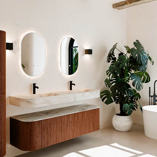 THOR-DLUX 160cm bathroom vanity set curve left + right color Ruby with 1 drawer and 2 doors. Floating sink CLOUD Double 2 tab holes color Frappe.