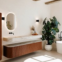 THOR-DLUX 190cm bathroom vanity set curve left + right color Ruby with 2 drawers and 2 doors. Floating sink CLOUD Left without tab hole color Frappe.
