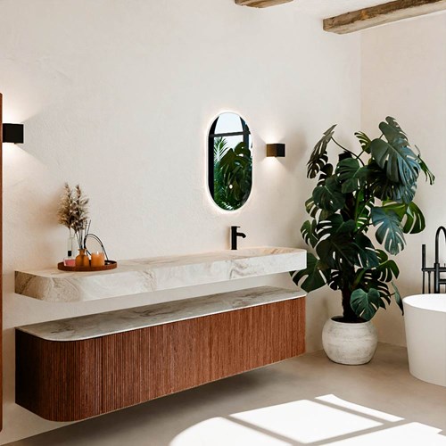 THOR-DLUX 200cm meubles de salle de bains courbe gauche + droite couleur Ruby avec 2 tiroirs et 2 portes. Lavabo suspendu CLOUD Droite 1 trou pour robinetter couleur Frappe.