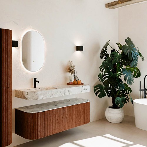 THOR-DLUX 140cm meubles de salle de bains courbe gauche + droite couleur Ruby avec 1 tiroir et 2 portes. Lavabo suspendu CLOUD Gauche 1 trou pour robinetter couleur Glace.