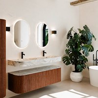 THOR-DLUX 150cm meubles de salle de bains courbe gauche + droite couleur Ruby avec 1 tiroir et 2 portes. Lavabo suspendu CLOUD Double 2 trous robinetterie couleur Glace.